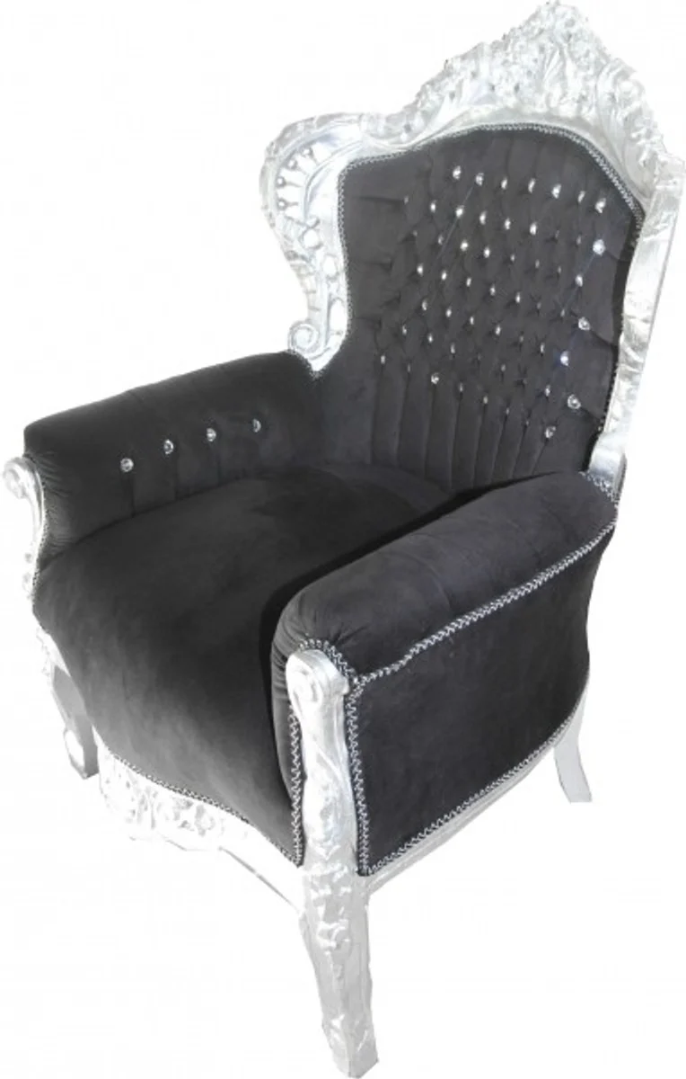 Casa Padrino Barock Sessel King im Antik Stil Schwarz / Silber mit Glitzersteinen 85 x 85 x H. 120 cm