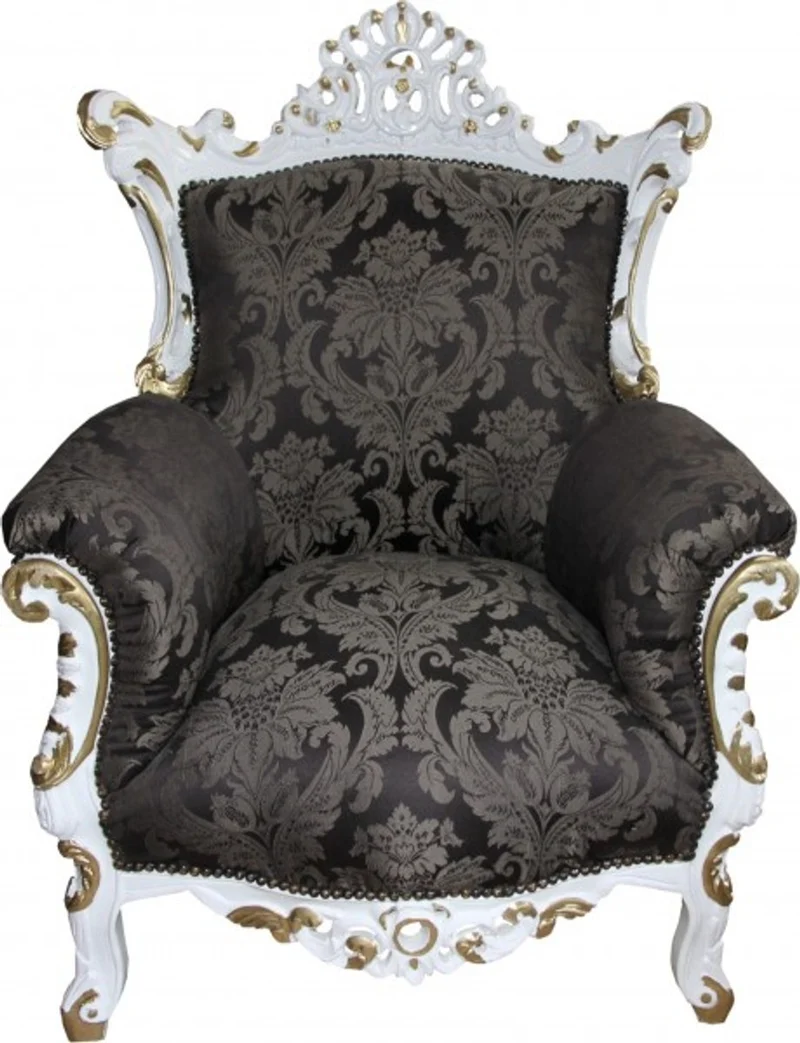 Casa Padrino Barock Sessel Al Capone im Antik Stil - Schwarz Muster und Weiß mit Gold Bemalung - 90 x 80 x H. 127 cm