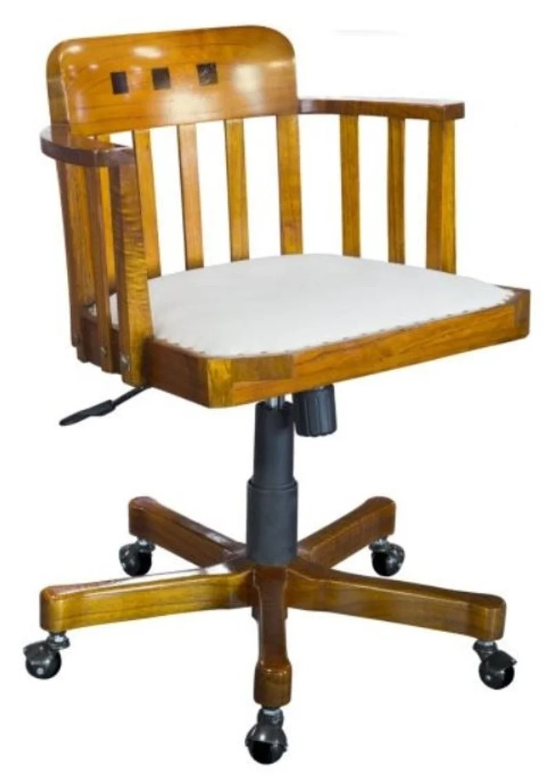Casa Padrino Büro Drehstuhl mit Armlehnen Hellbraun / Weiß 62 x 53 x H. 86 cm - Luxus Bürostuhl
