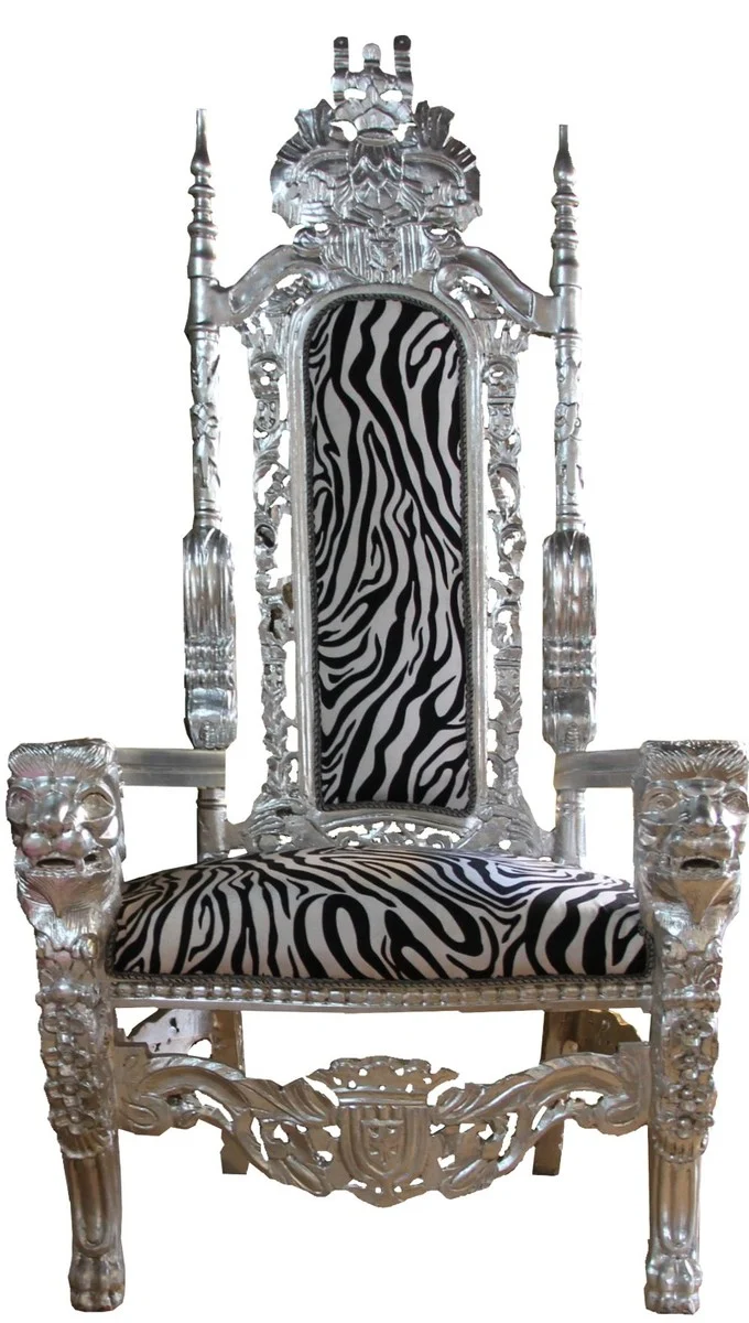 Casa Padrino Barock Thron Sessel Silber / Zebra Königssessel- Hochzeitssessel - Riesensessel