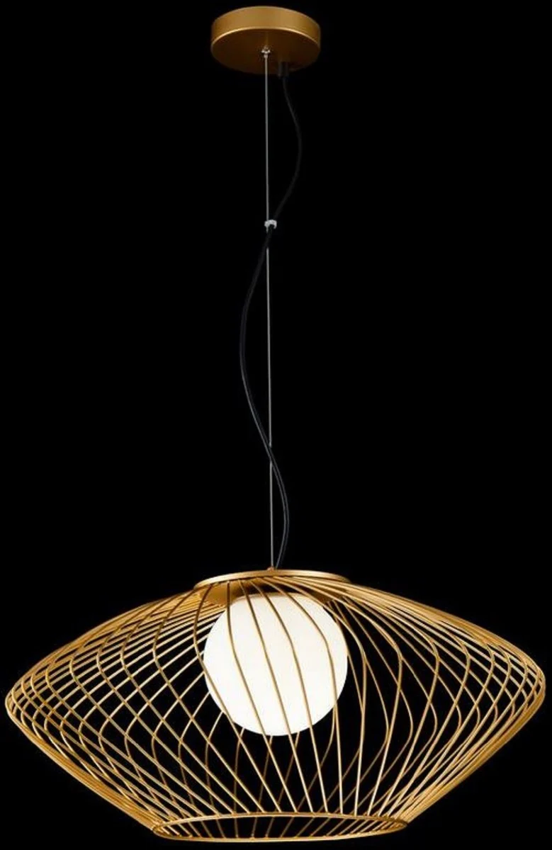 Casa Padrino Luxus Hängeleuchte Gold / Weiß Ø 52 x H. 24 cm - Höhenverstellbare Metall Pendelleuchte mit Glas Lampenschirm