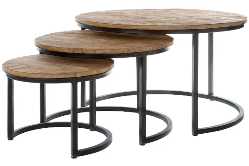 Casa Padrino Luxus Couchtisch 3er Set Naturfarben / Schwarz Ø 78 x H. 48 cm - Runde Wohnzimmertische mit halbrundem Metall Untergestell