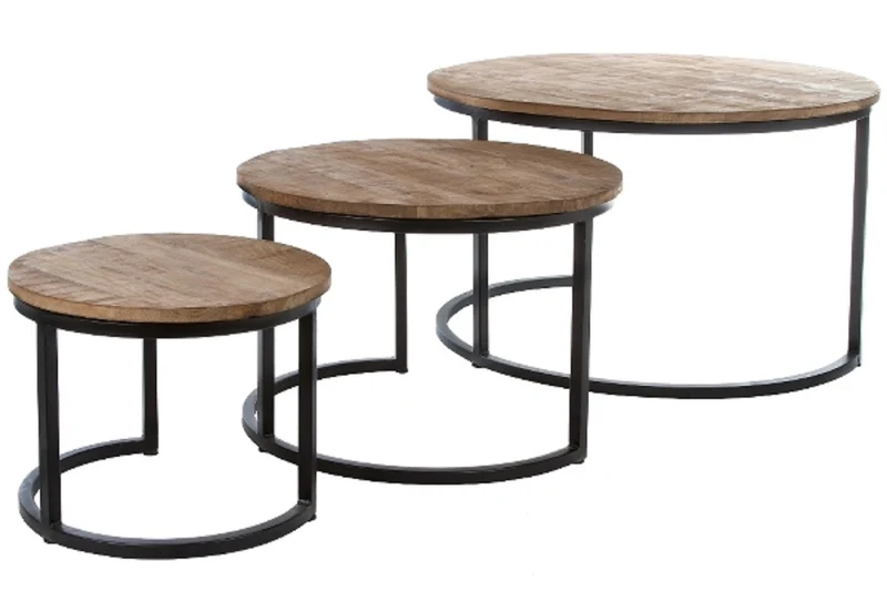 Casa Padrino Luxus Couchtisch 3er Set Naturfarben / Schwarz Ø 78 x H. 48 cm - Runde Wohnzimmertische mit halbrundem Metall Untergestell