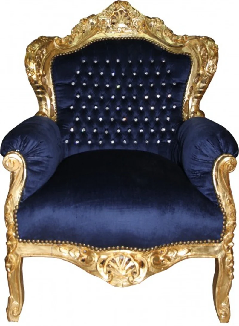 Casa Padrino Barock Sessel King royalblau / gold mit Bling Bling Glitzersteinen - Antikstil Sessel, 120 x 85 x 85 cm