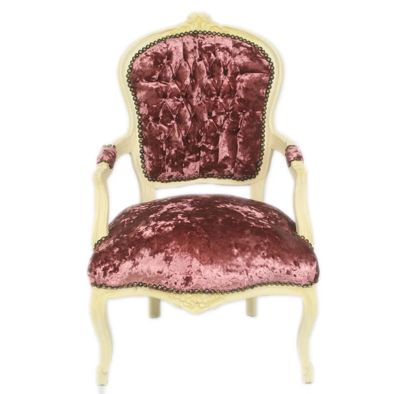 Casa Padrino Barock Salon Stuhl Bordeaux Velour Stoff / Creme - Antik Design Möbel