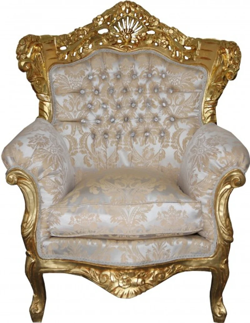 Casa Padrino Barock Sessel King Mod2 Creme Gold Muster mit Glitzersteinen 85 x 60 x H. 116 cm