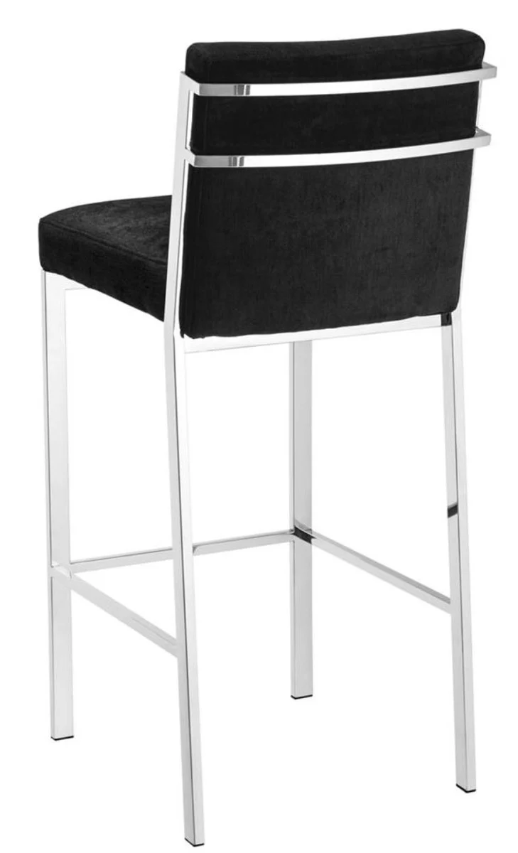 Casa Padrino Luxus Barstuhl Schwarz / Silber 43 x 54 x H. 101 cm - Designer Edelstahl Barhocker mit Samtstoff - Barmöbel