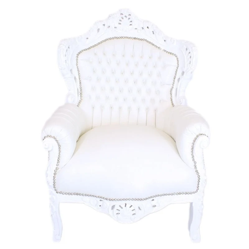 Casa Padrino Barock Sessel King weißer Lederoptik mit Glitzersteinen, 120 x 85 x 85 cm