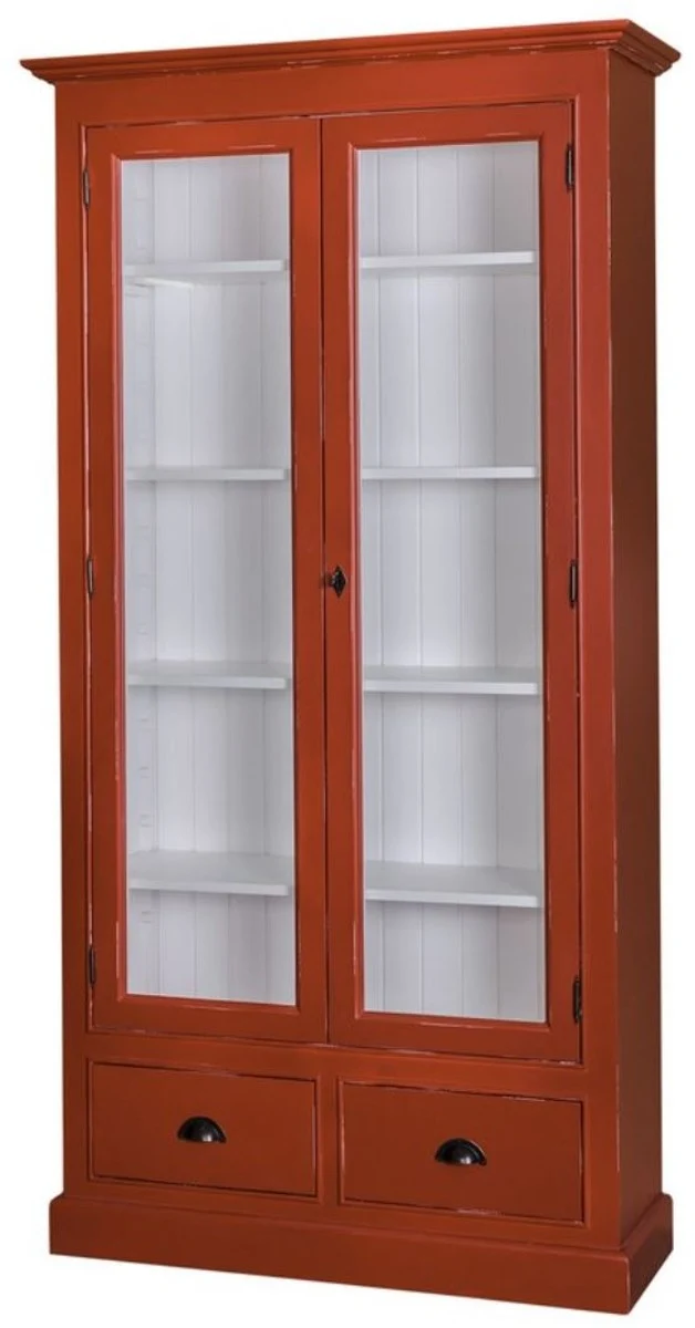 Casa Padrino Landhausstil Wohnzimmer Vitrinenschrank Antik Rot / Weiß 109 x 39 x H. 210 cm - Wohnzimmerschrank mit 2 Glastüren und 2 Schubladen