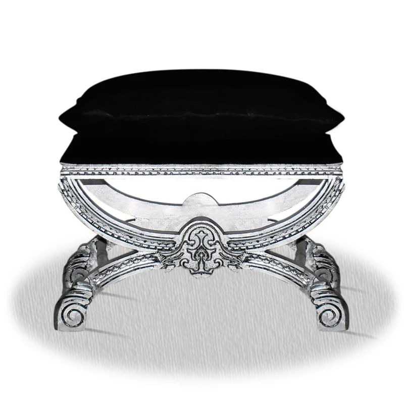 Casa Padrino Barock Hocker Silber Schwarz 60 x 40 x H. 50 cm