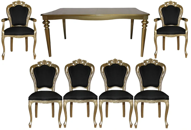 Casa Padrino Barock Luxus Esszimmerset Schwarz/Gold - Barock Esstisch + 6 Stühle - Luxus Qualität - Limited Edition