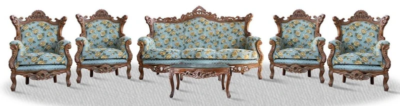 Casa Padrino Barock Sofa Set 3er Sofa 4 Sessel und Tisch mit Glasplatte - Antik Sofa Set in Braun / Hellblau