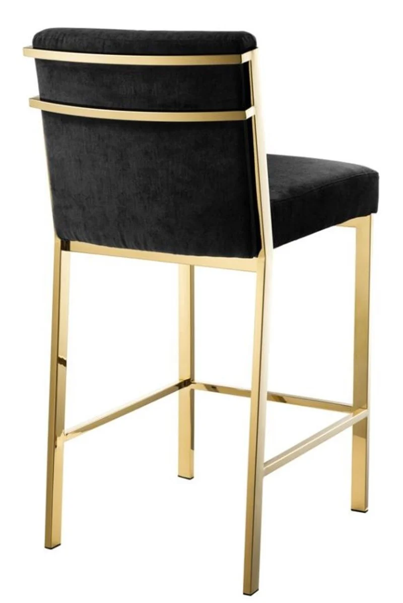Casa Padrino Luxus Barstuhl Schwarz / Gold 43 x 54 x H. 91 cm - Designer Edelstahl Barhocker mit Samtstoff - Barmöbel