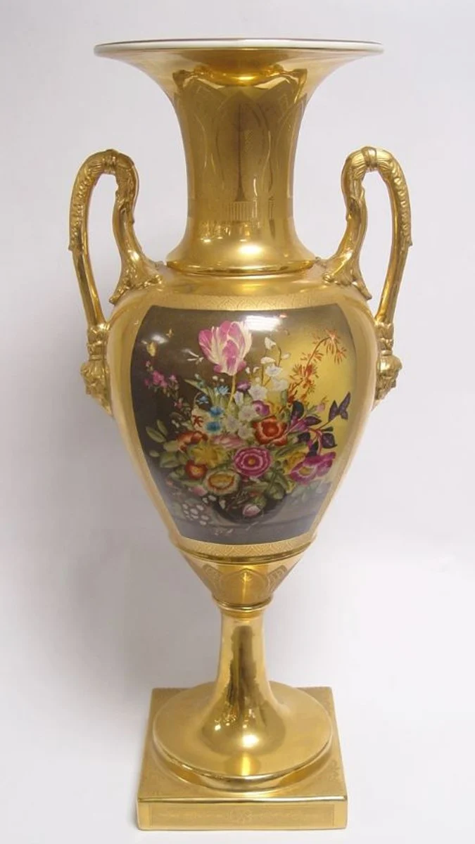 Casa Padrino Barock Porzellan Vase mit 2 Griffen Gold H. 60,5 cm - Luxuriöse Dekovase für gehobene Ansprüche