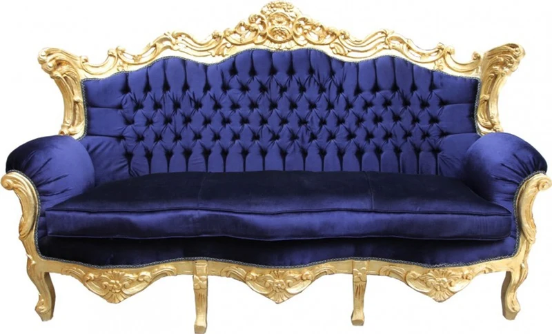 Casa Padrino Barock Sofa Master Royal Blau / Gold, Breite 210 cm - Luxuriöses Wohnzimmer Möbel im Antik Stil