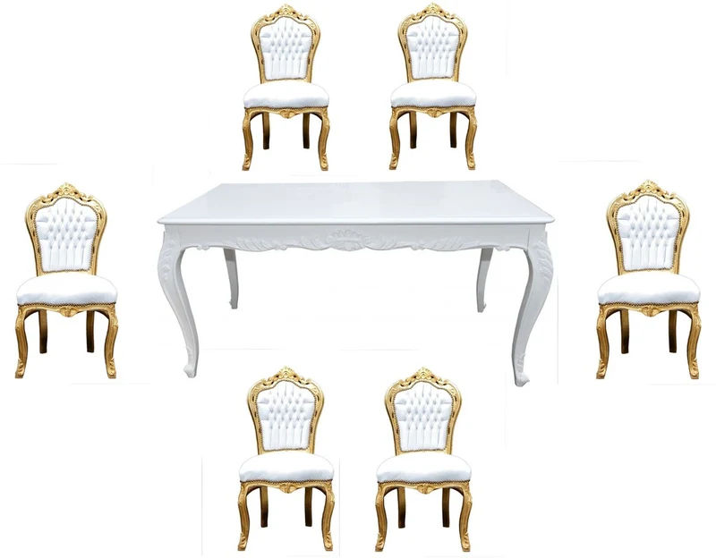 Casa Padrino Barock Esszimmer Set Weiß/Gold - Esstisch + 6 Stühle ohne Armlehnen