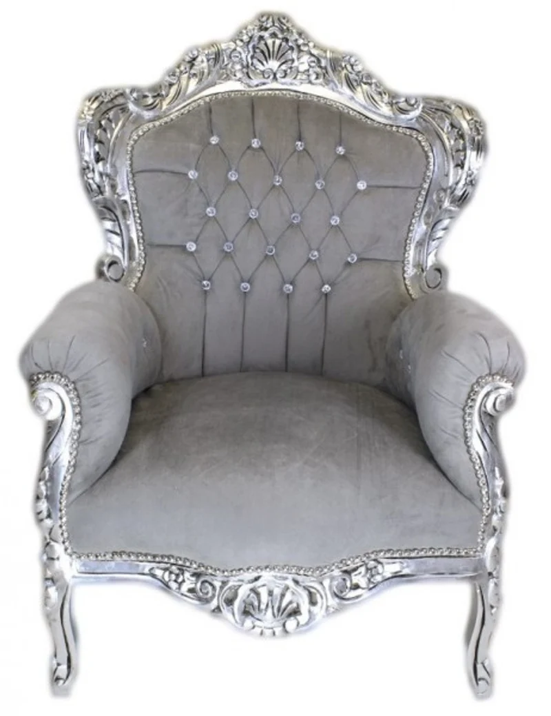 Casa Padrino Barock Sessel King Grau / Silber mit Bling Bling Glitzersteinen, 120 x 85 x 85 cm