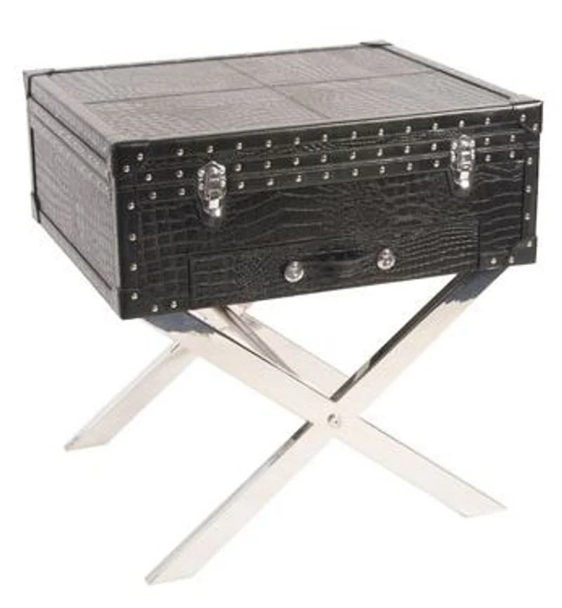 Casa Padrino Koffer Konsole Echtleder schwarz in Croco Optik 50 x 50 x 45 cm - Nachttisch Nachtkonsole