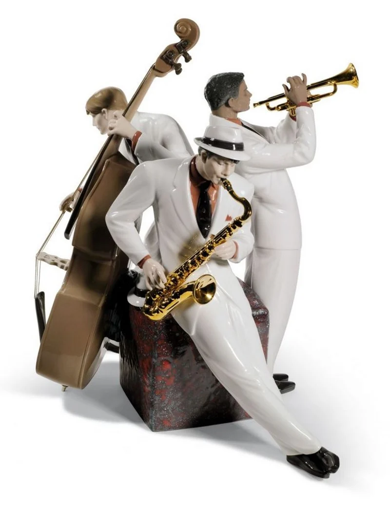 Casa Padrino Luxus Porzellan Skulptur Jazz Trio Mehrfarbig 30 x H. 35 cm - Limited Edition