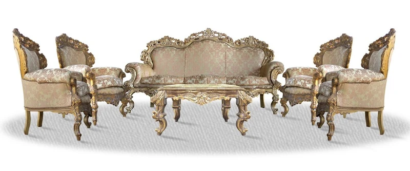 Casa Padrino Barock Sofa Set 3er Sofa 4 Sessel und Tisch mit Glasplatte - Antik Stil Gold 220 x 70 x 130 cm