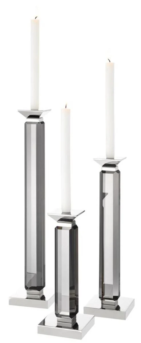 Casa Padrino Luxus Kerzenhalter 3er Set - Kristallglas Metall Grau / Silber - 12 x 12 x H. 30/43/57 cm