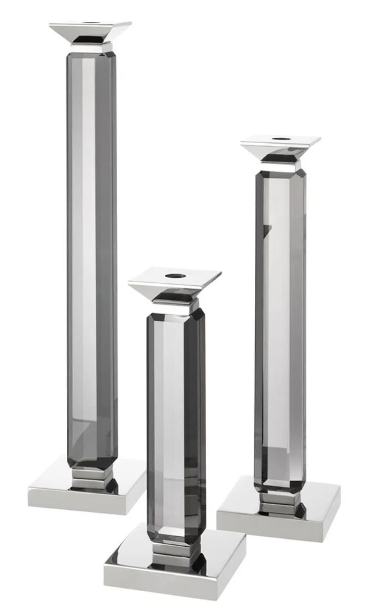Casa Padrino Luxus Kerzenhalter 3er Set - Kristallglas Metall Grau / Silber - 12 x 12 x H. 30/43/57 cm