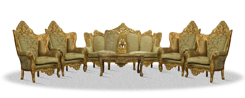 Casa Padrino Barock Sofa Set 3er Sofa 4 Sessel und Tisch antik gold - 210x60x140 cm