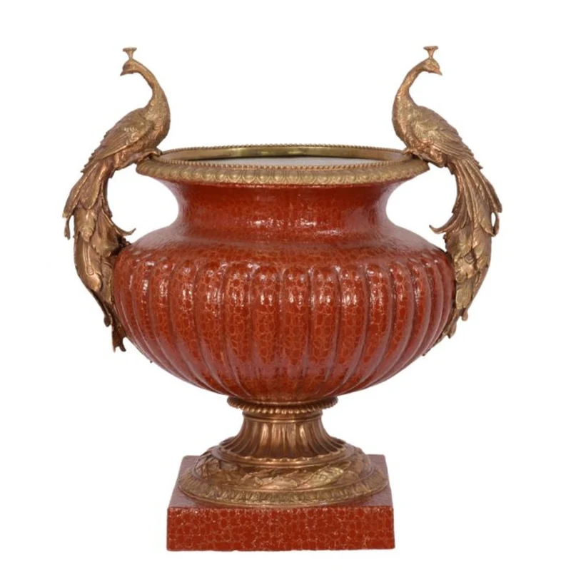 Casa Padrino Luxus Porzellan Vase im Barock Stil mit 2 Griffen in Rot und Bronze, Höhe 48,8 cm