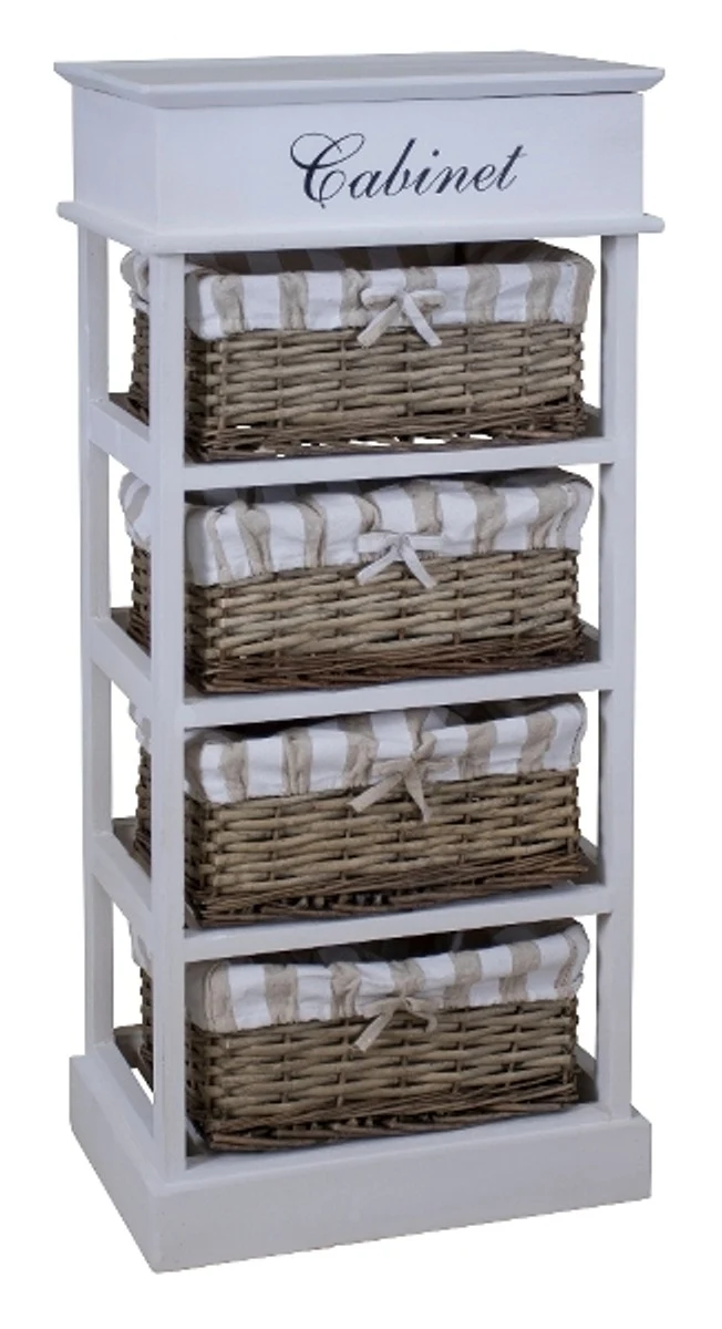 Casa Padrino Landhausstil Kommode Weiß / Naturfarben 38 x 28 x H. 86 cm - Handgefertigte Kommode mit 4 Rattankörben