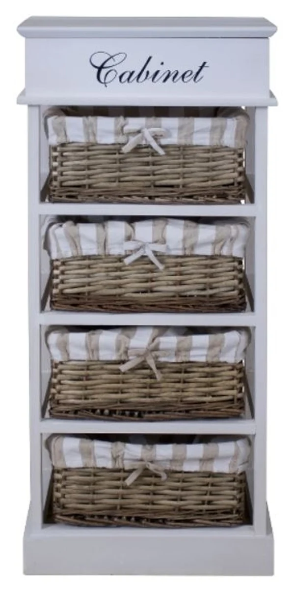 Casa Padrino Landhausstil Kommode Weiß / Naturfarben 38 x 28 x H. 86 cm - Handgefertigte Kommode mit 4 Rattankörben