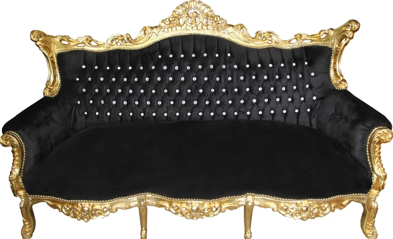 Casa Padrino Barock 3-er Sofa Master Schwarz / Gold mit Bling Bling Glitzersteinen, Breite 210 cm