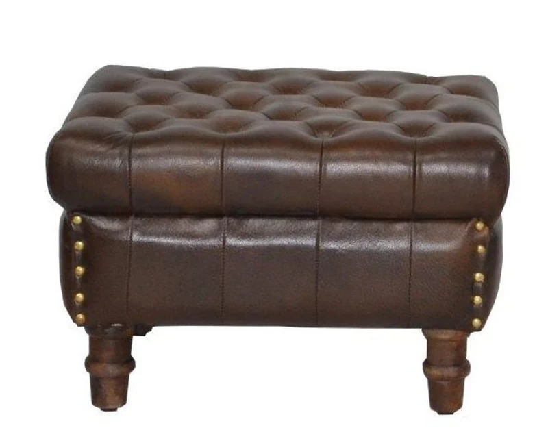 Casa Padrino Luxus Chesterfield Leder Hocker Dunkelbraun 50 x 40 x H. 35 cm - Handgefertigter Fußhocker mit Messingdetails