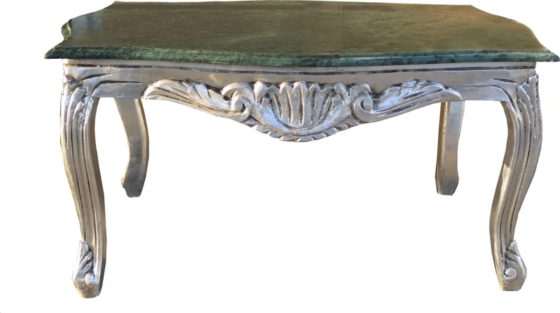Casa Padrino Barock Couchtisch in Silber mit grüner Marmorplatte, 99 x 63 x 49 cm, Limited Edition