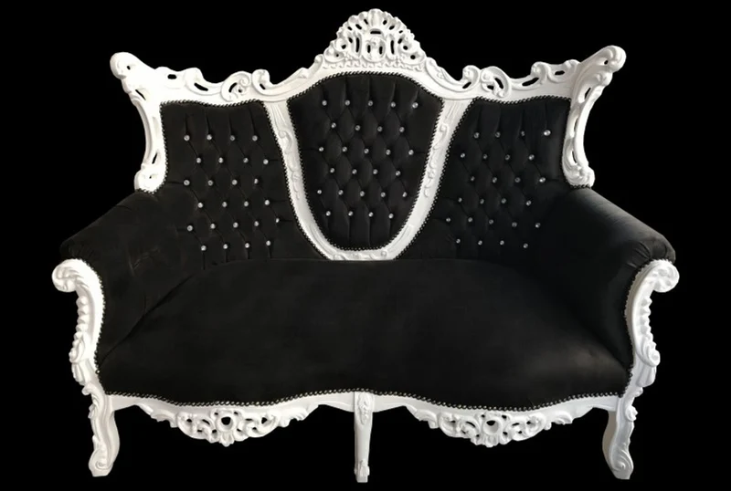 Casa Padrino Barock 2-er Sofa Master Schwarz / Weiss mit Glitzersteinen, Breite 168 cm, Höhe 128 cm, Tiefe 70 cm