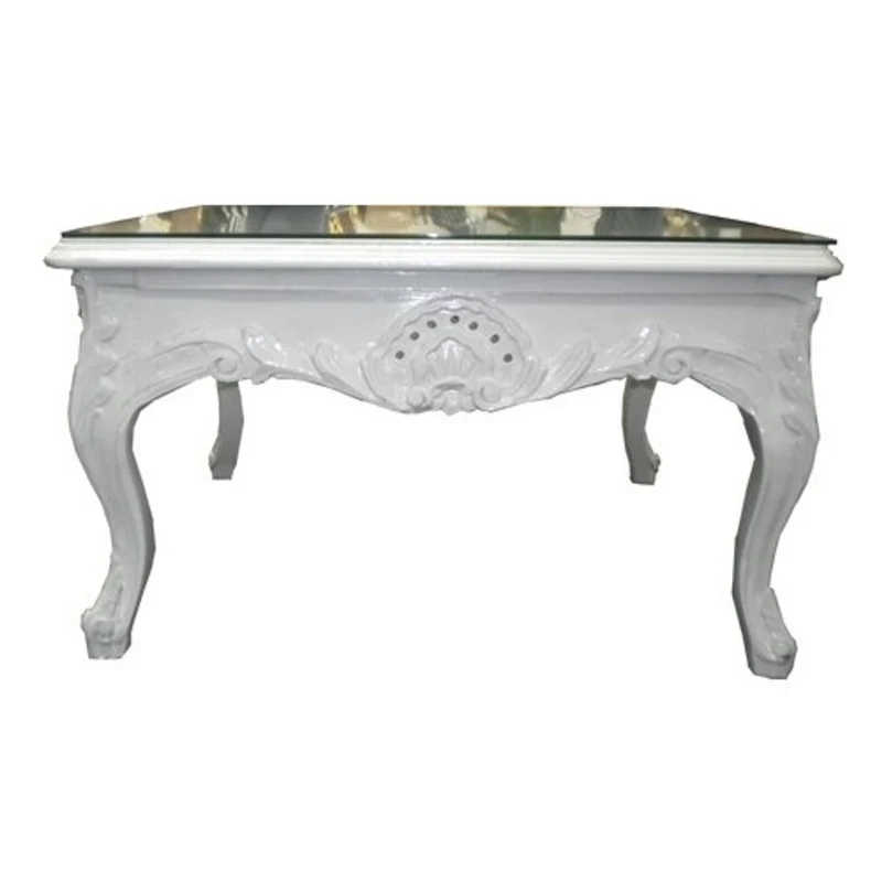 Casa Padrino Barock Beistelltisch Weiß 80 x 80 x 48 cm - Luxuriöser Couchtisch aus Massivholz mit Glasplatte