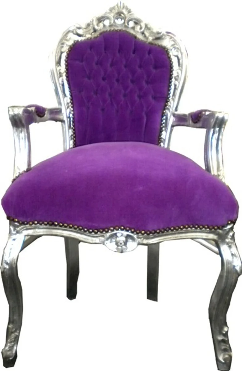 Casa Padrino Barock Esszimmer Stuhl Lila / Silber mit Armlehnen - Möbel Barock