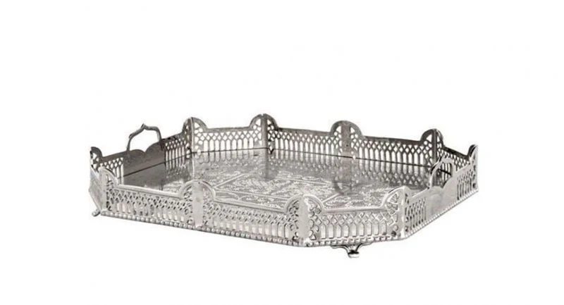 Casa Padrino Luxus Art Deco Tablett aus Messing in Nickel Finish 52 x 42 x H. 8 cm - Limited Edition