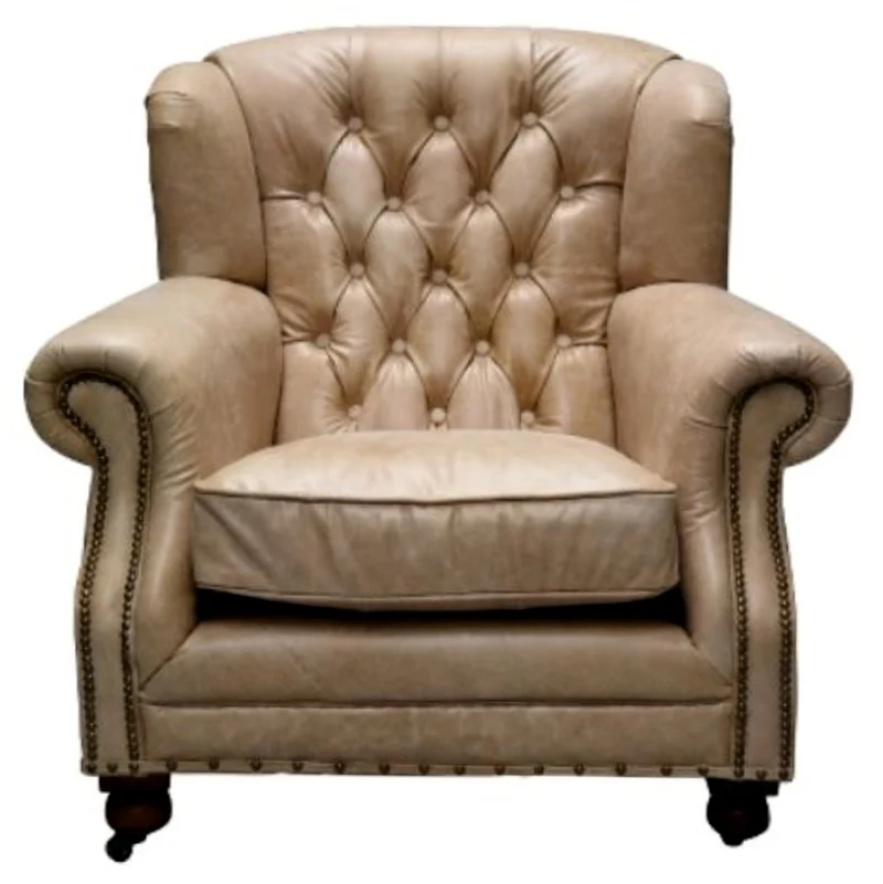 Casa Padrino Luxus Chesterfield Sessel aus Echtleder in Beige, 92 x 97 x H. 89 cm mit Klavierrollen