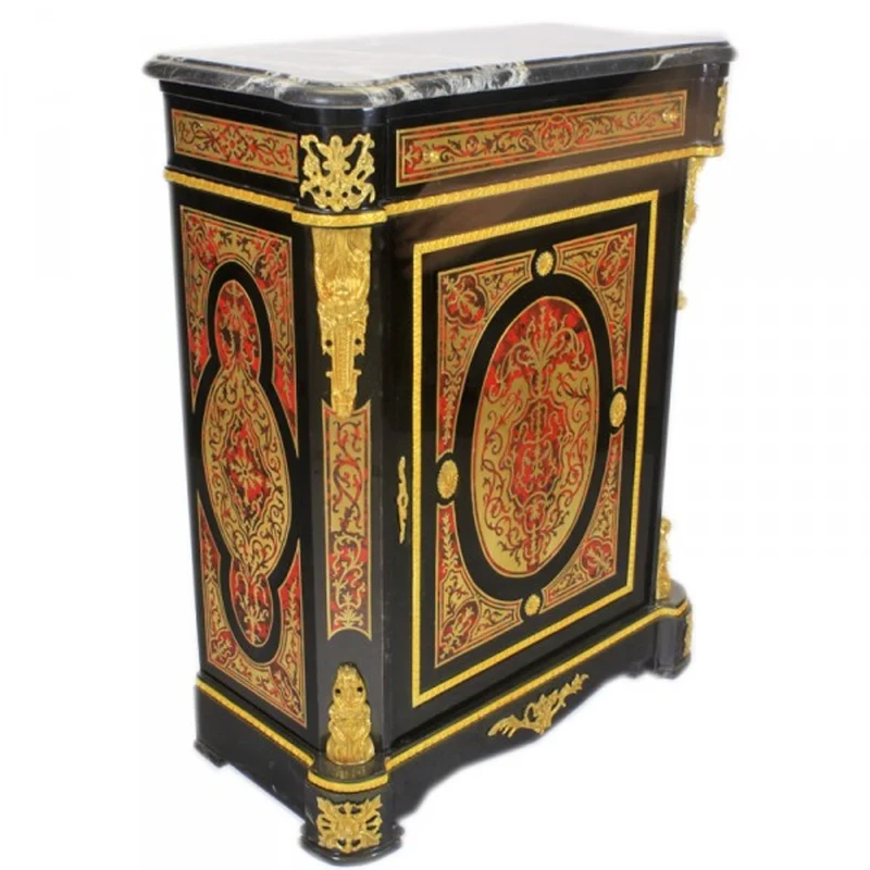 Casa Padrino Barock Boulle Kommode im Antik Stil in Schwarz, Gold und Rot mit Marmorplatte 95 x 45 x H 105 cm