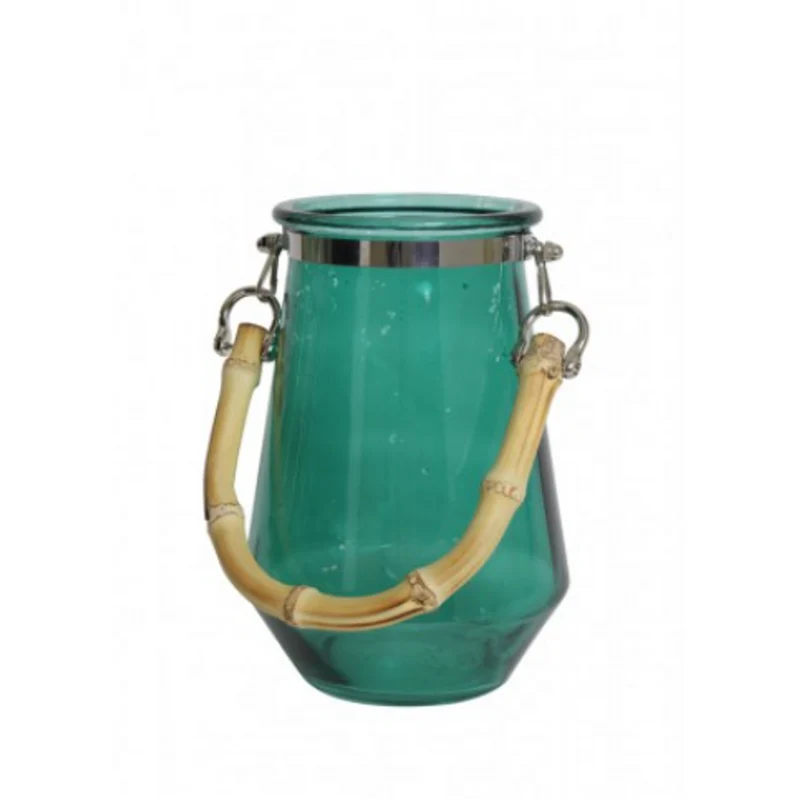 Casa Padrino Deko Windlicht mit Bambusgriff, Luxus Glas Windlicht in Dunkelgrün, Durchmesser 14 cm, Höhe 20 cm