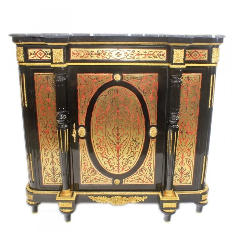 Casa Padrino Barock Boulle Kommode Schwarz / Gold / Rot mit Marmorplatte 130 cm - Möbel Schrank Sideboard