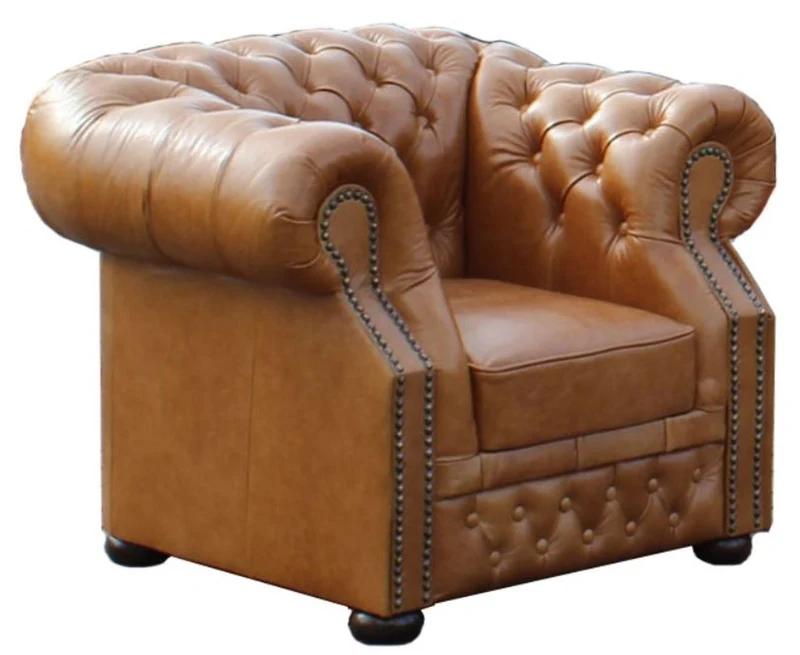 Casa Padrino Echtleder Sessel Hellbraun 120 x 90 x H. 80 cm - Chesterfield Sessel