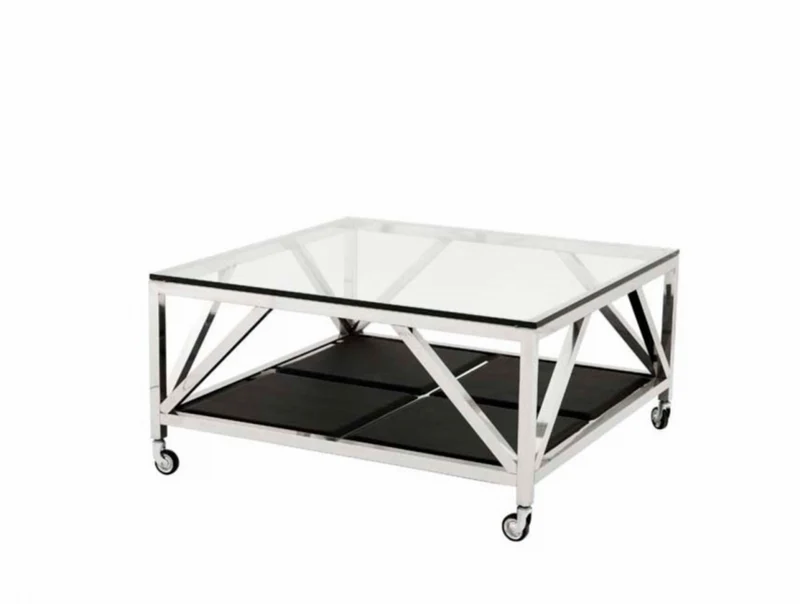 Casa Padrino Luxus Art Deco Designer Couchtisch - Quadratischer Wohnzimmertisch in poliertem Edelstahl und schwarzer Lederoptik, 100 x 100 x H. 50 cm