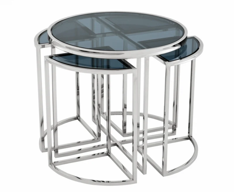 Casa Padrino Luxus Art Deco Designer Beistelltisch 5er Set aus rostfreiem Stahl und Rauchglas 60 x H. 55 cm