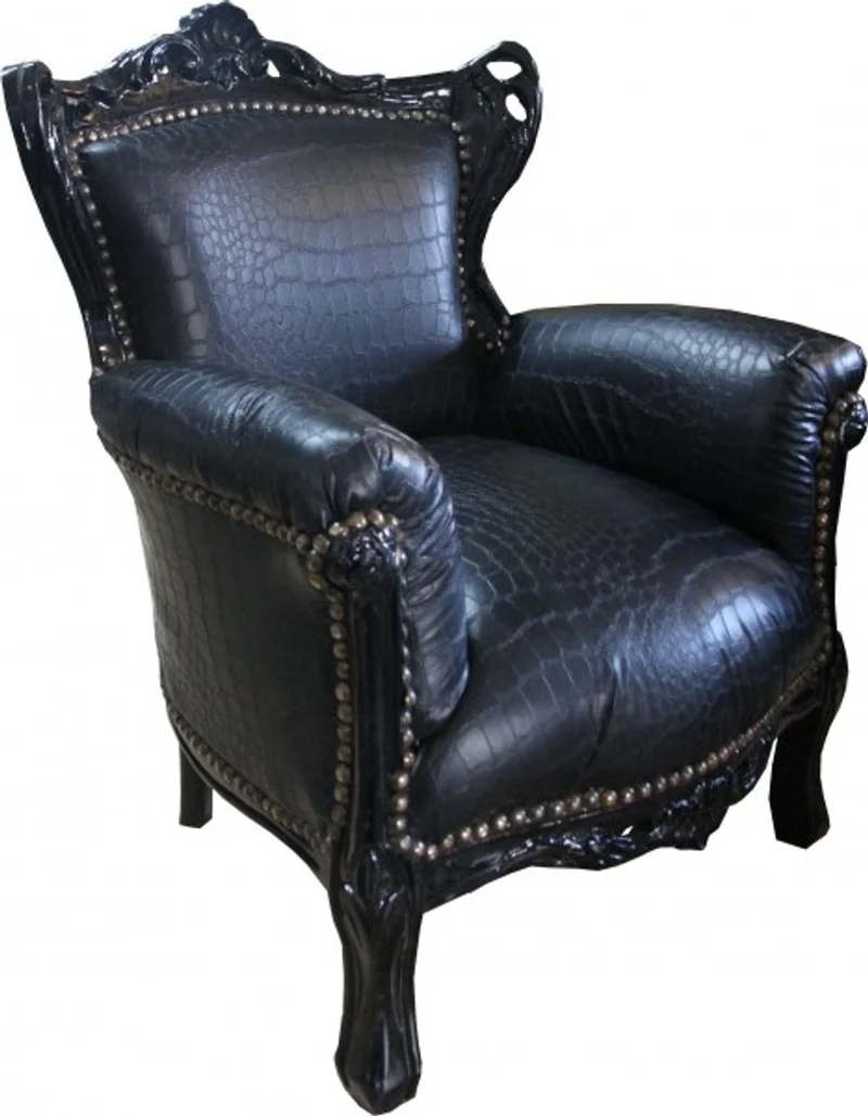 Casa Padrino Barock Kinder Sessel Thron im Barockstil Schwarz Croco Lederoptik 58 x 84 cm