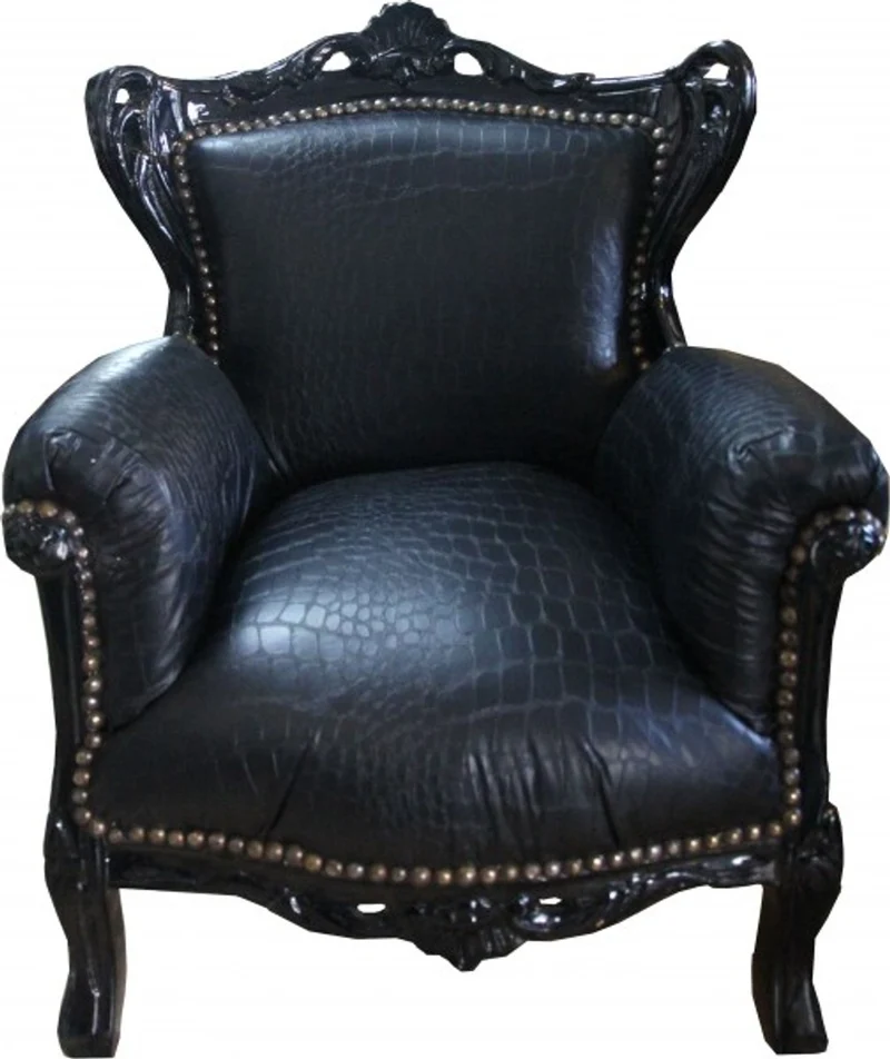 Casa Padrino Barock Kinder Sessel Thron im Barockstil Schwarz Croco Lederoptik 58 x 84 cm