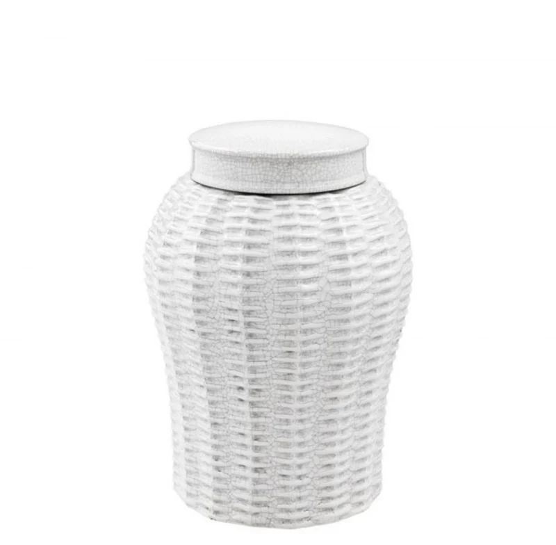 Casa Padrino Designer Keramik Vase mit Deckel in geknistertem Weiß, Durchmesser 18 x H. 26 cm