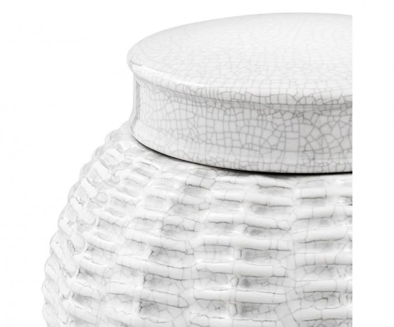 Casa Padrino Designer Keramik Vase mit Deckel in geknistertem Weiß, Durchmesser 18 x H. 26 cm