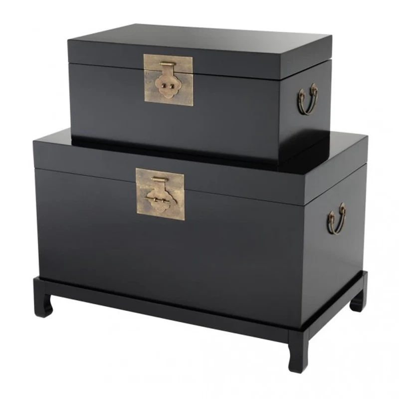 Casa Padrino Truhen Set 2-tlg. Schwarz mit Messing Applikationen im Vintage Look - 82 x 48 x H. 52 cm & 63 x 37 x H. 28 cm