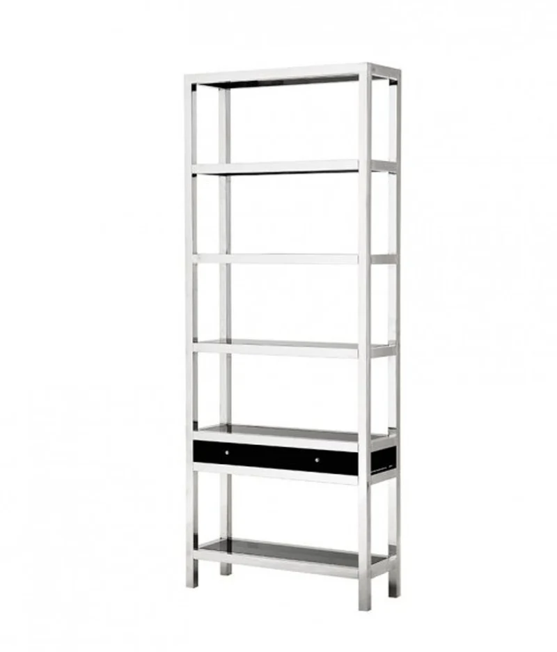 Casa Padrino Luxus Regal Schrank mit Rauchglas und einer Schublade, polierter Stahl, 90 x 32 x H. 226 cm